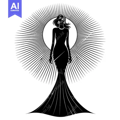 Aset premium populer: Silhouette of a Woman in a Gown Standing Within a Radiating Sunburst