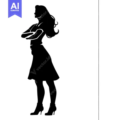 Aset desain premium: Silhouette of a Woman Standing with Arms Crossed, Wearing a Dress and