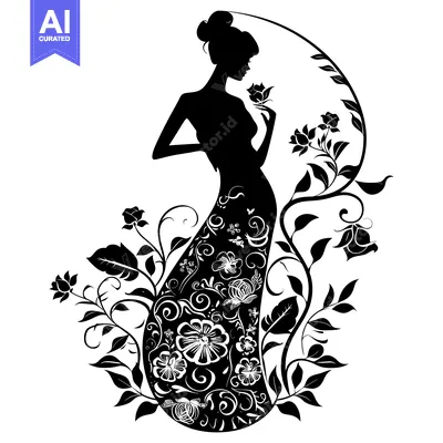 Aset premium populer: Black and white silhouette of a woman in a floral dress