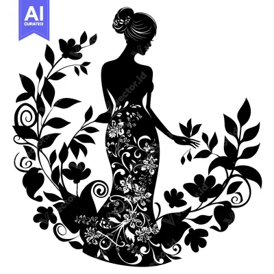 Aset desain premium: Silhouette of a Woman in a Floral Dress with Flowers and Leaves