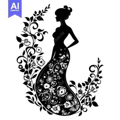 Aset desain premium: Woman Silhouette Surrounded by Floral Vines