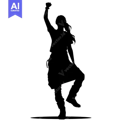 Aset desain premium: Silhouette of a Woman Celebrating with a Raised Fist