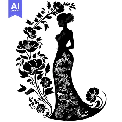 Aset desain premium: Silhouette of a Woman in a Floral Gown