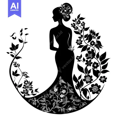 Aset premium populer: Silhouette of a Woman in a Floral Dress with Butterflies