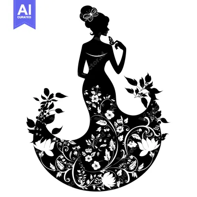 Aset premium populer: Silhouette of a Woman in a Floral Dress with Butterflies