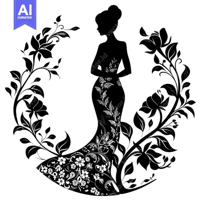 Premium design asset: Silhouette of a Woman in a Floral Dress with Flowers