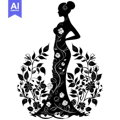 Aset desain premium: Silhouette of a Woman in a Floral Dress with Roses and Leaves