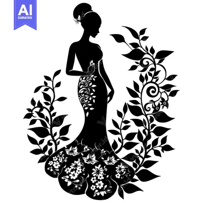 Aset desain premium: Silhouette of a Woman in a Floral Gown with a Floral Background