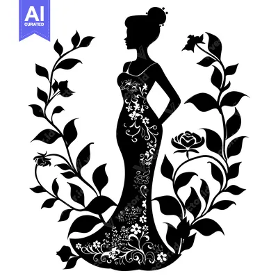 Aset premium populer: Silhouette of a Woman in a Floral Dress Surrounded by Flowers