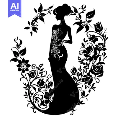 Aset desain premium: Silhouette of a Woman with Floral Decorations