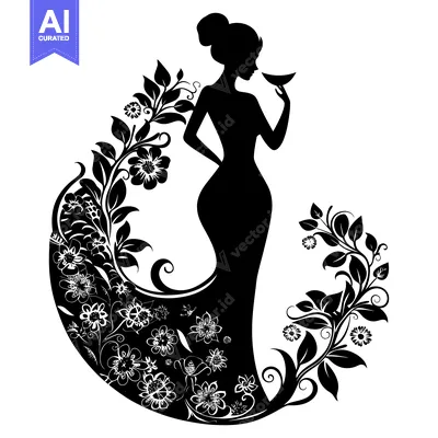 Premium design asset: Silhouette of a Woman in a Floral Dress Holding a Glass