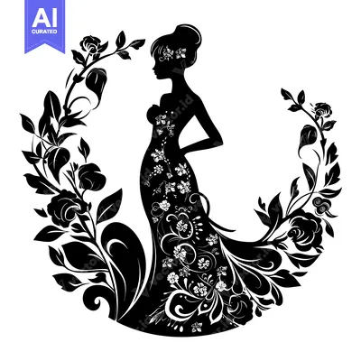 Aset desain premium: A Silhouette of a Woman in a Floral Dress Surrounded by Roses