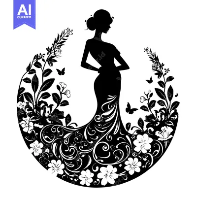 Aset desain premium: Silhouette of a Woman in a Floral Dress with Butterflies