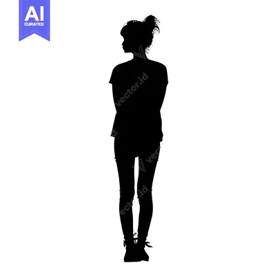 Premium design asset: Silhouette of a Woman in a T-Shirt and Shorts, Standing with Her Arms
