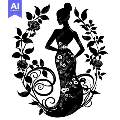 Aset desain premium: Silhouette of a Woman in a Floral Dress Surrounded by Roses and Leaves