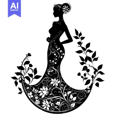 Aset desain premium: Silhouette of a woman in a floral dress with a floral headband