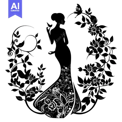 Aset premium populer: Silhouette of a Woman in a Floral Gown with Birds and Butterflies