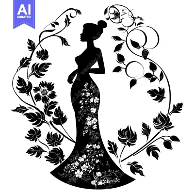Aset desain premium: Silhouette of a Woman in a Floral Dress Surrounded by Vines