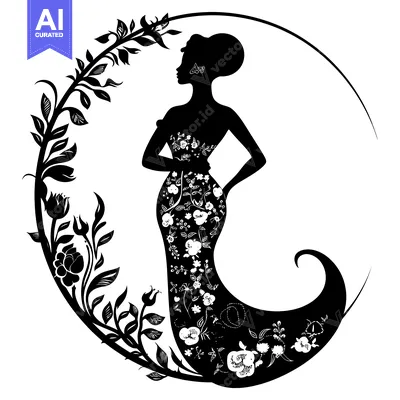 Aset desain premium: Silhouette of a Woman in a Floral Dress Within a Circular Floral Frame