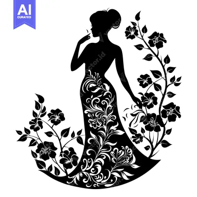 Aset premium populer: Silhouette of a Woman in a Floral Dress with Flowers Around Her
