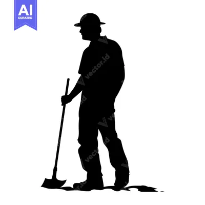 Silhouette of a Man with a Shovel Standing on Ground