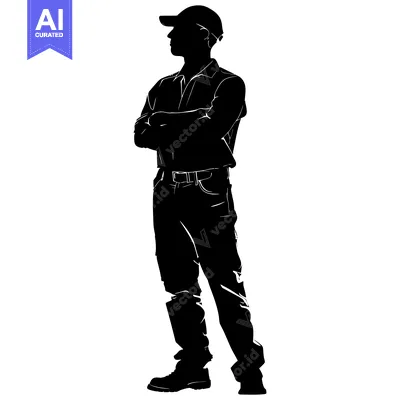 Aset desain premium: Silhouette of a man wearing a cap, shirt, pants, and boots