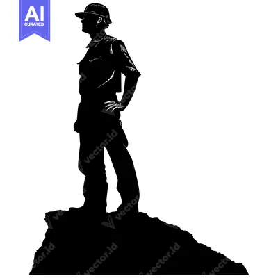 Aset desain premium: Silhouette of a Construction Worker Standing on a Cliff