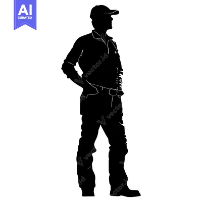 Aset premium populer: Silhouette of a man wearing a cap, shirt, jeans and boots, standing wi