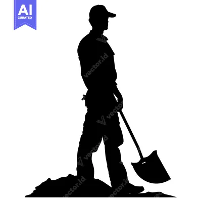 Silhouette of a Man Holding a Shovel on a Mound of Dirt