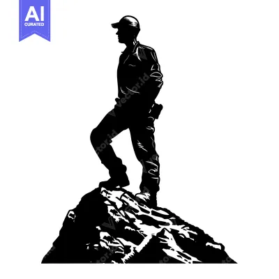 Aset desain premium: Silhouette of a Person Standing on a Mountain Peak
