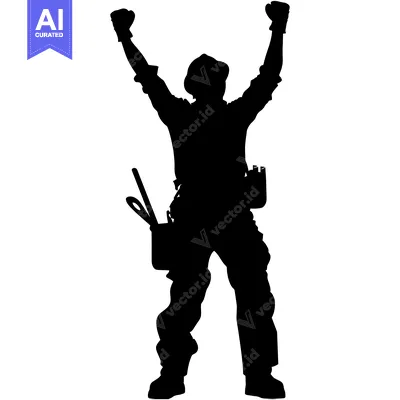 Aset desain premium: Silhouette of a Construction Worker with Arms Raised in Celebration