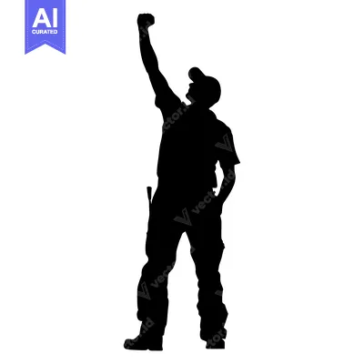 Aset desain premium: Silhouette of a Man in a Cap Raising His Fist