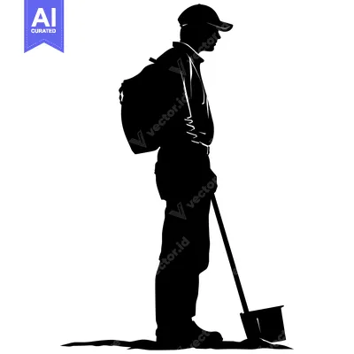 Aset desain premium: Silhouette of a man with a backpack and shovel