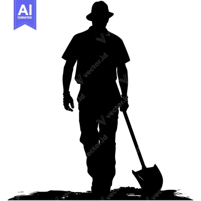 Silhouette of a Man in a Hat Walking with a Shovel