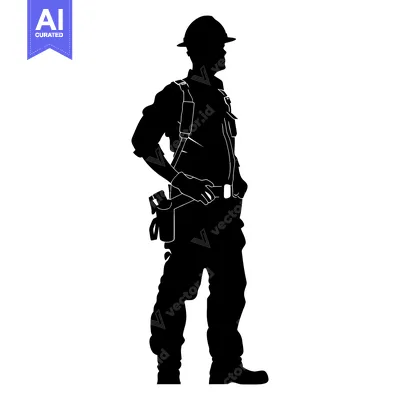 Aset premium populer: Silhouette of a construction worker wearing a hard hat and tool belt