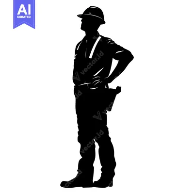 Aset premium populer: Silhouette of a construction worker with hardhat and tool belt