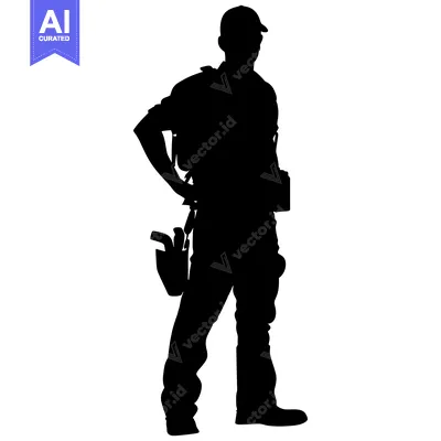Aset premium populer: Silhouette of a Man Wearing a Backpack, Tool Belt, and Hat