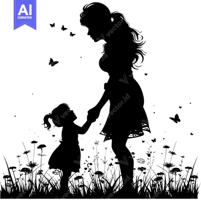 Aset premium populer: Silhouette of a Mother and Daughter Holding Hands in a Field with Butt