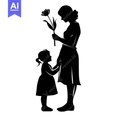 Premium design asset: Silhouette of a mother and daughter with a flower
