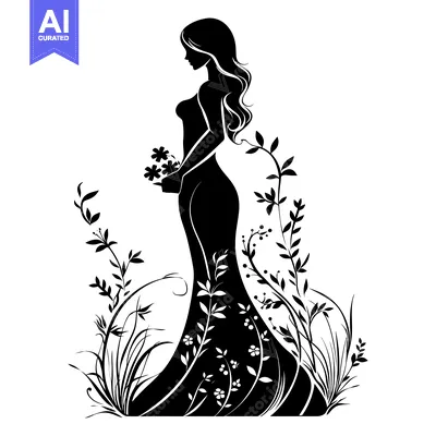 Aset desain premium: Silhouette of a Woman with Flowers in a Garden