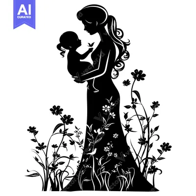 Aset premium populer: Mother and Child Silhouette with Floral Background