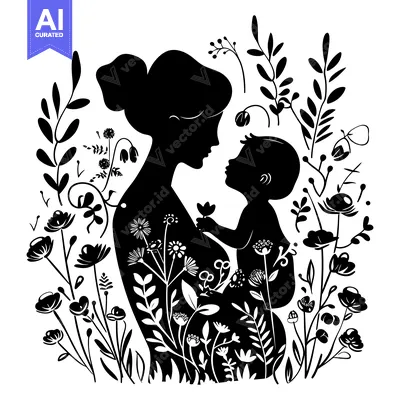 Aset premium populer: Black and White Silhouette of a Mother and Child Surrounded by Flowers