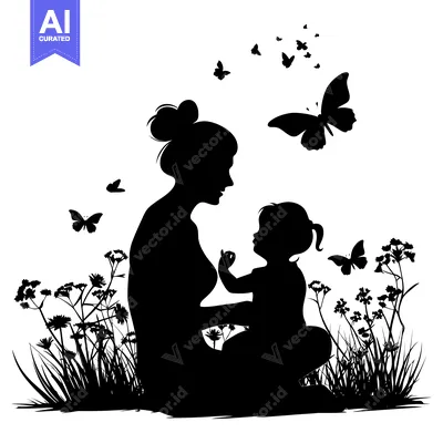 Popular premium asset: Silhouette of a mother and her child sitting in a field with butterfli