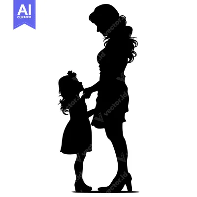 Aset premium populer: Silhouette of a mother and daughter standing side by side.