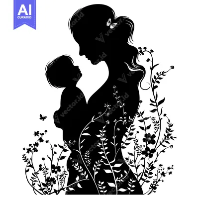 Popular premium asset: Mother and Child Silhouette with Floral and Butterfly Design