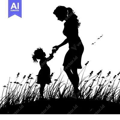 Premium design asset: Silhouette of a Mother and Daughter Holding Hands in a Field of Grass