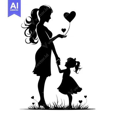 Aset desain premium: Mother and Daughter Silhouette with Heart Balloons and Grass