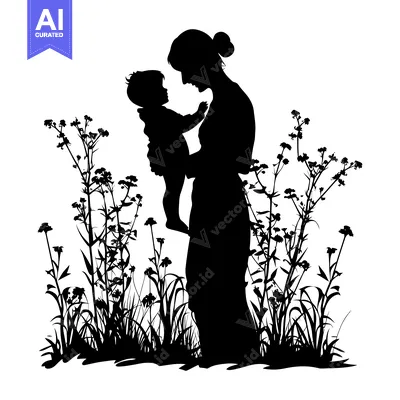 Popular premium asset: Silhouette of a mother holding her child amidst tall grass