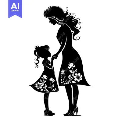 Aset premium populer: Silhouette of a mother and daughter holding hands, both wearing floral
