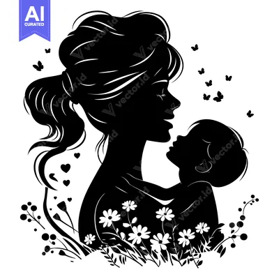 Premium design asset: Black Silhouette of a Mother and Child with Flowers and Butterflies